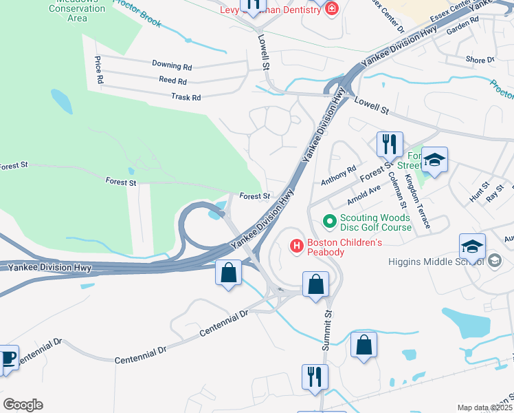 map of restaurants, bars, coffee shops, grocery stores, and more near 96 Forest Street in Peabody