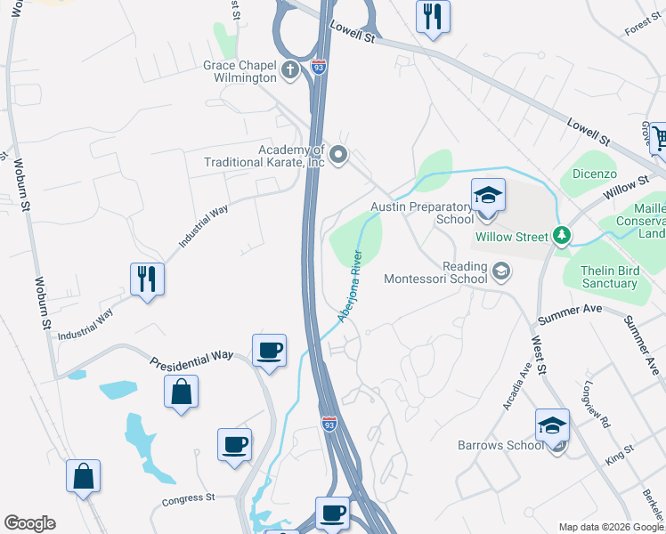 map of restaurants, bars, coffee shops, grocery stores, and more near 2 Inwood Drive in Woburn