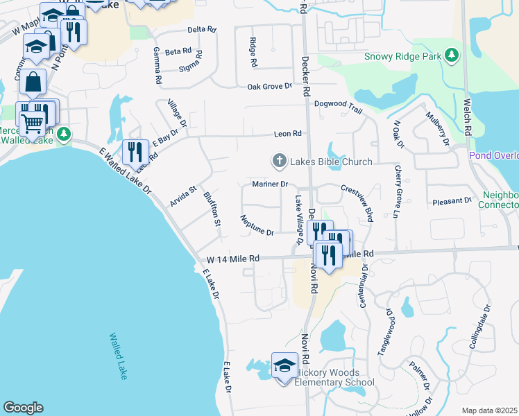 map of restaurants, bars, coffee shops, grocery stores, and more near 250 Neptune Drive in Walled Lake
