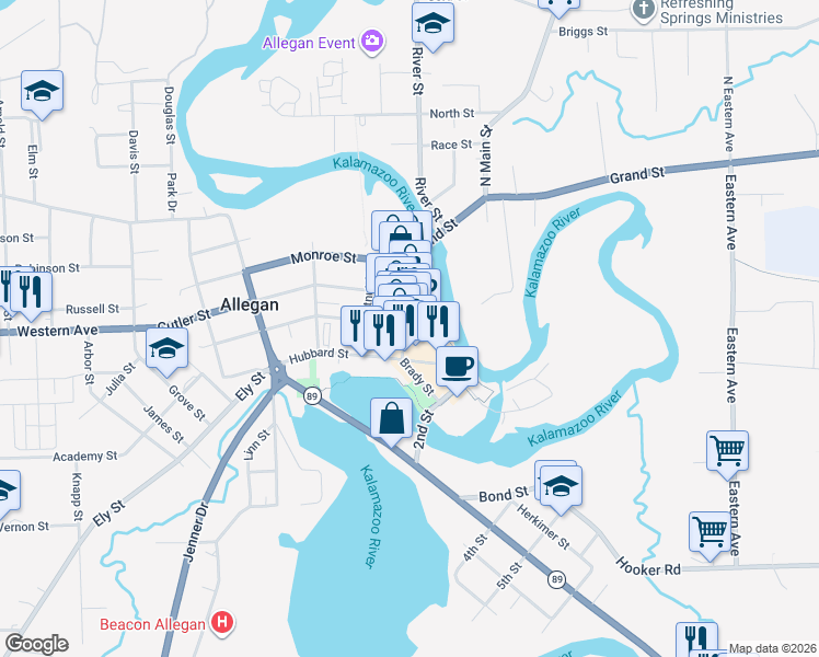 map of restaurants, bars, coffee shops, grocery stores, and more near 109 Locust Street in Allegan