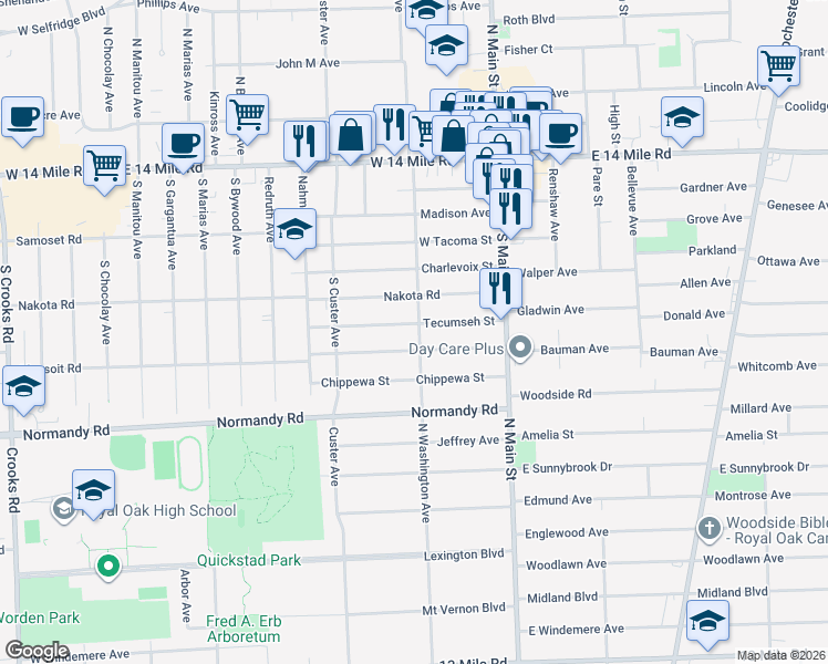 map of restaurants, bars, coffee shops, grocery stores, and more near 206 Massoit Street in Clawson