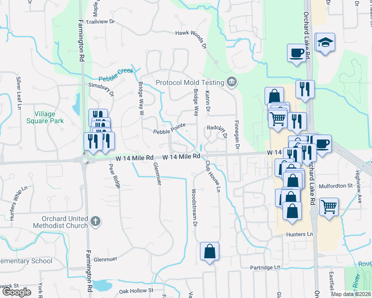 map of restaurants, bars, coffee shops, grocery stores, and more near 32715 West 14 Mile Road in Farmington Hills