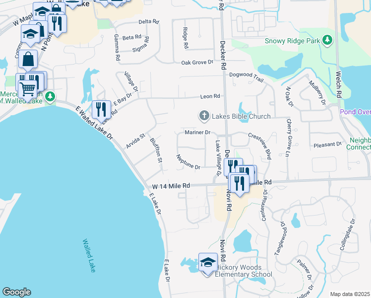 map of restaurants, bars, coffee shops, grocery stores, and more near 1436 Harbor Drive in Walled Lake