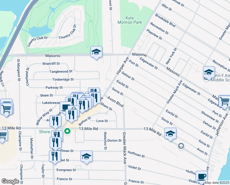 map of restaurants, bars, coffee shops, grocery stores, and more near 22305 Avon Street in St. Clair Shores