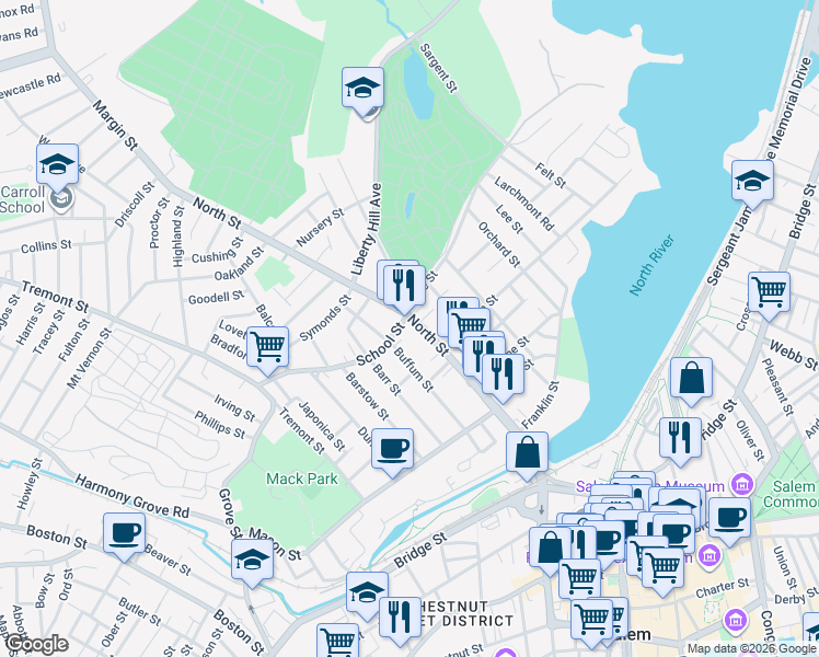 map of restaurants, bars, coffee shops, grocery stores, and more near 143 North Street in Salem