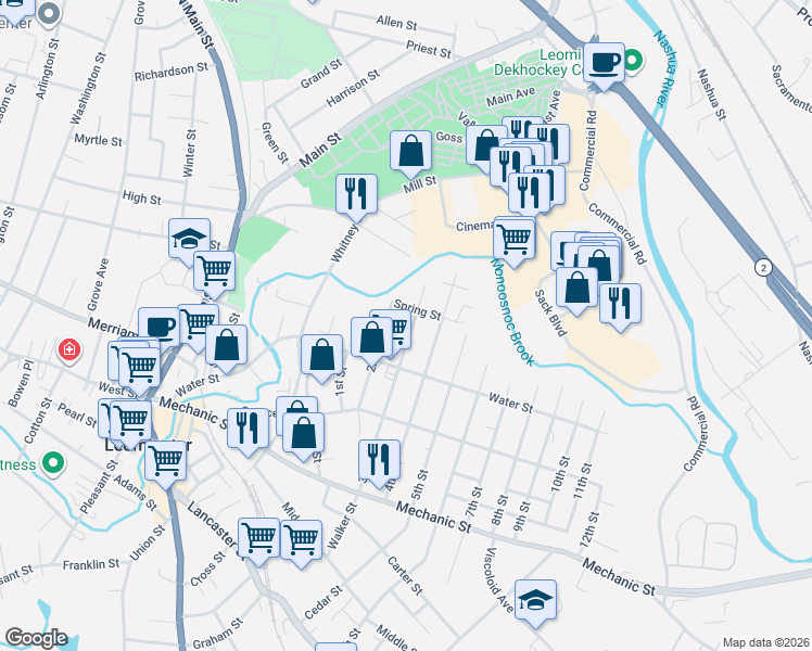 map of restaurants, bars, coffee shops, grocery stores, and more near 48 3rd Street in Leominster
