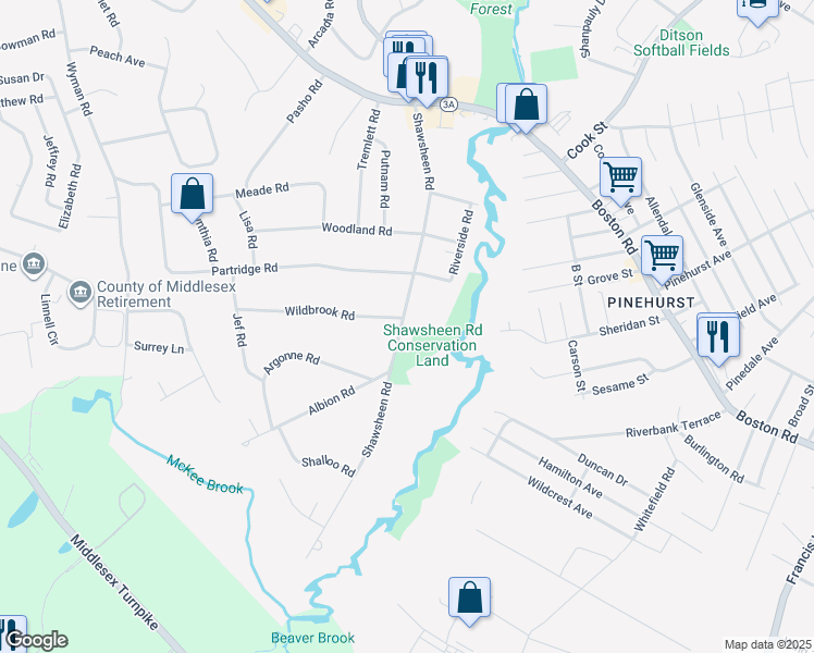 map of restaurants, bars, coffee shops, grocery stores, and more near 48 Shawsheen Road in Billerica