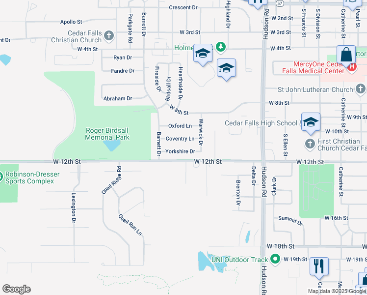 map of restaurants, bars, coffee shops, grocery stores, and more near 2126 Yorkshire Drive in Cedar Falls