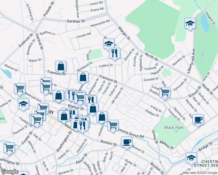 map of restaurants, bars, coffee shops, grocery stores, and more near 47 Tracey Street in Peabody