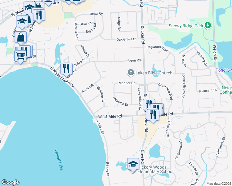 map of restaurants, bars, coffee shops, grocery stores, and more near 364 Neptune Drive in Walled Lake