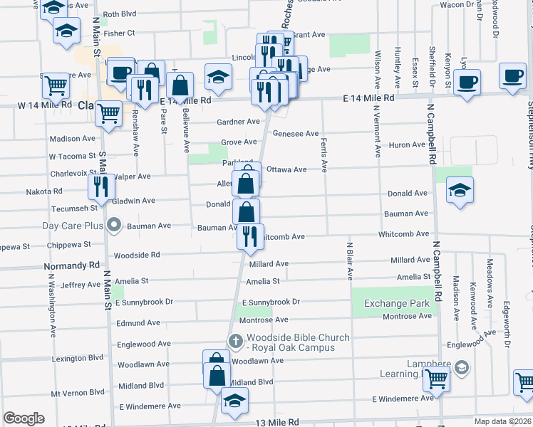 map of restaurants, bars, coffee shops, grocery stores, and more near 619 Bauman Avenue in Royal Oak