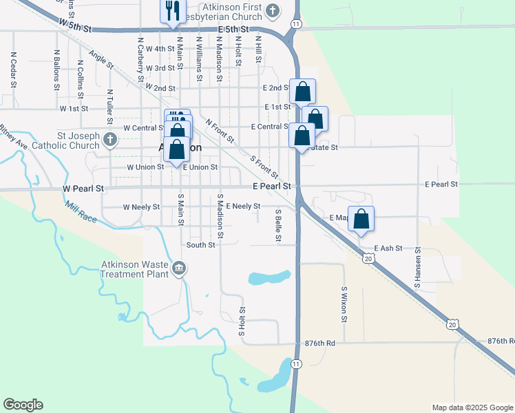 map of restaurants, bars, coffee shops, grocery stores, and more near 401 South Hill Street in Atkinson