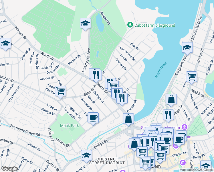 map of restaurants, bars, coffee shops, grocery stores, and more near 132 North Street in Salem