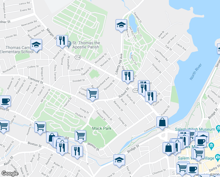 map of restaurants, bars, coffee shops, grocery stores, and more near 46 School Street in Salem