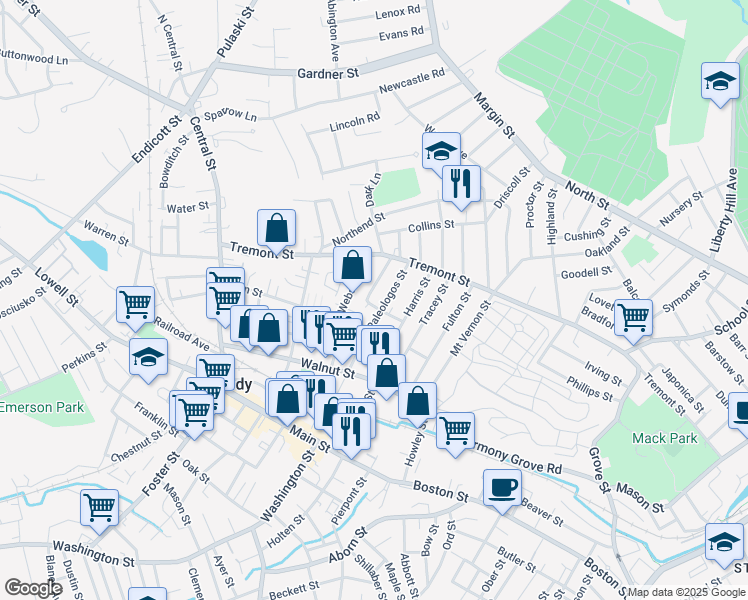 map of restaurants, bars, coffee shops, grocery stores, and more near 9 Center Street in Peabody