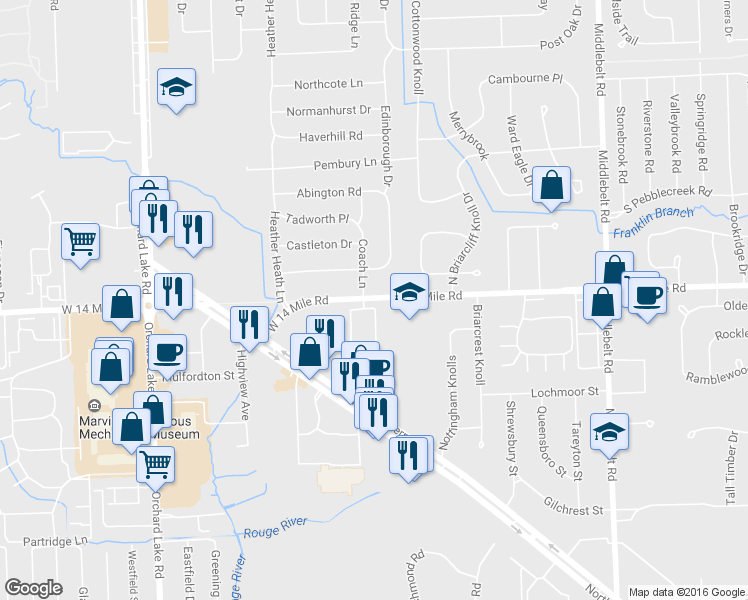 map of restaurants, bars, coffee shops, grocery stores, and more near 30535 W 14 Mile Rd in West Bloomfield Township