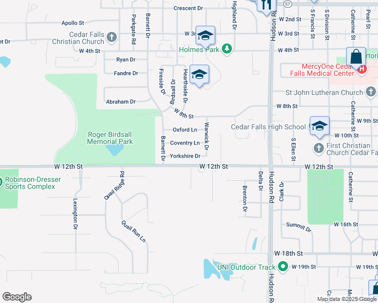 map of restaurants, bars, coffee shops, grocery stores, and more near 2126 Yorkshire Drive in Cedar Falls