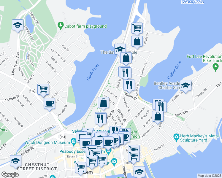 map of restaurants, bars, coffee shops, grocery stores, and more near 4 Lemon Street Court in Salem