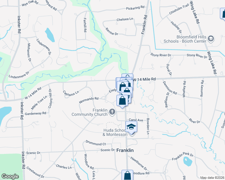 map of restaurants, bars, coffee shops, grocery stores, and more near 17880 Franklin Court in Franklin