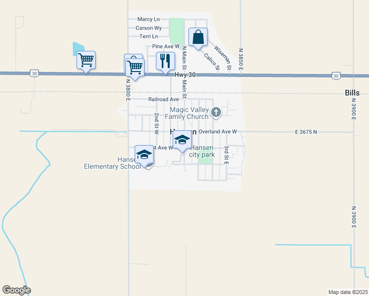 map of restaurants, bars, coffee shops, grocery stores, and more near 219 Walnut Avenue West in Hansen