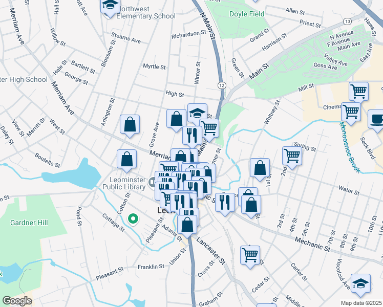 map of restaurants, bars, coffee shops, grocery stores, and more near 76 Main Street in Leominster