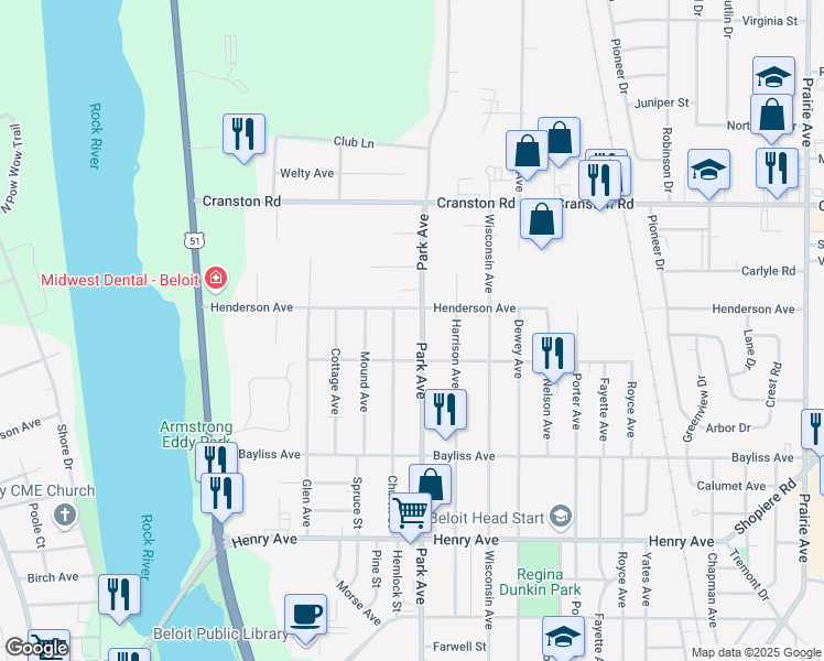 map of restaurants, bars, coffee shops, grocery stores, and more near 2028 Park Avenue in Beloit