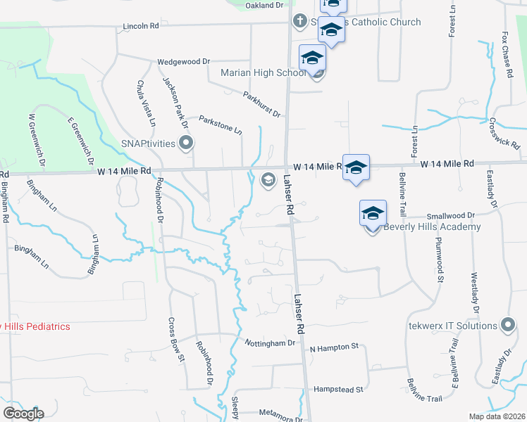 map of restaurants, bars, coffee shops, grocery stores, and more near 22046 West Valley Woods Drive in Beverly Hills
