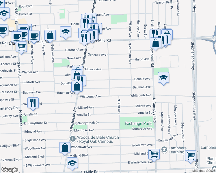 map of restaurants, bars, coffee shops, grocery stores, and more near 1025 Bauman Avenue in Royal Oak