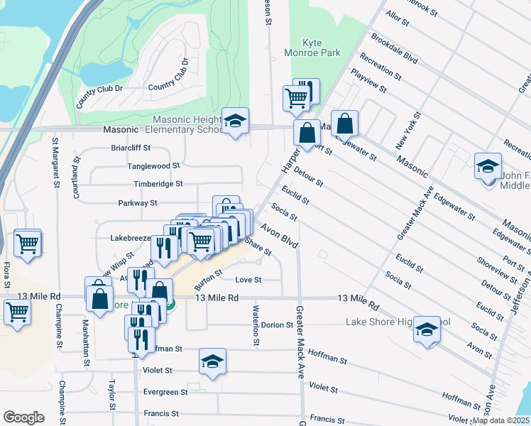map of restaurants, bars, coffee shops, grocery stores, and more near 31630 Harper Avenue in St. Clair Shores