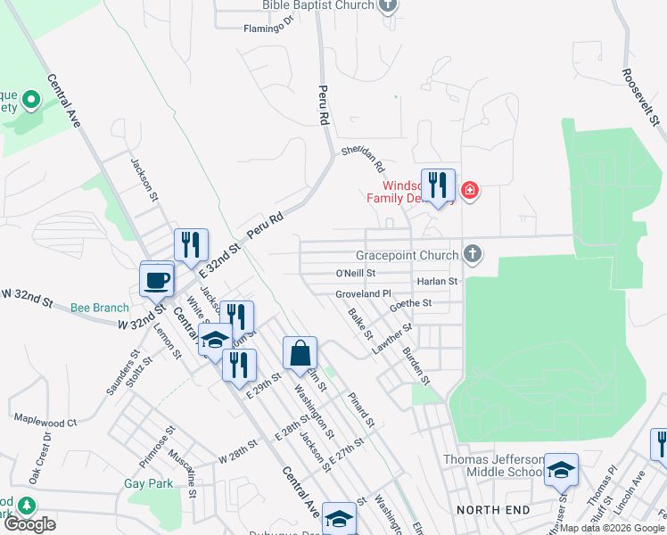 map of restaurants, bars, coffee shops, grocery stores, and more near 601 Groveland Pl in Dubuque