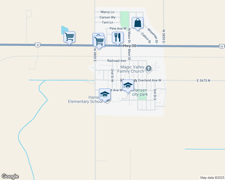 map of restaurants, bars, coffee shops, grocery stores, and more near 219 Walnut Avenue West in Hansen