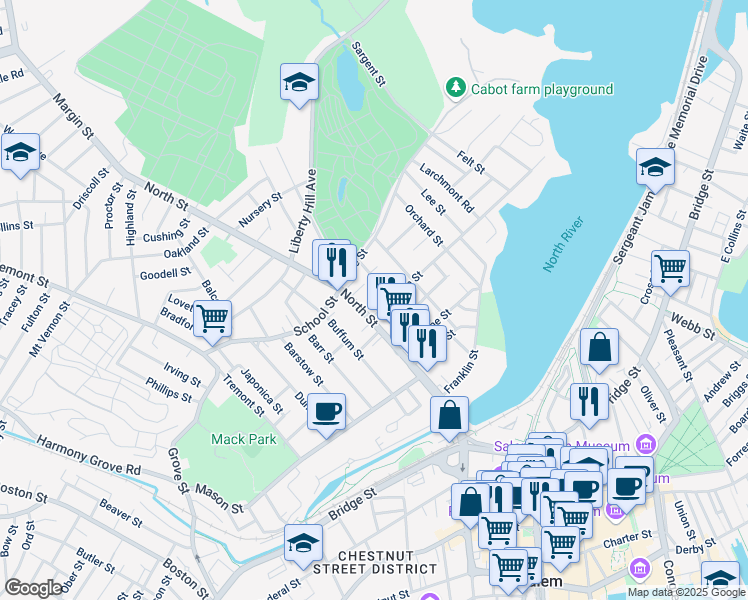 map of restaurants, bars, coffee shops, grocery stores, and more near 132 North Street in Salem