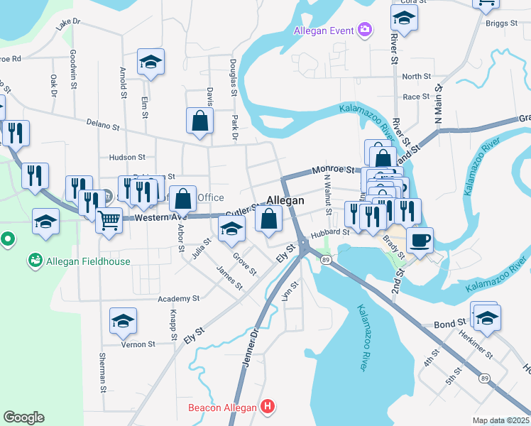 map of restaurants, bars, coffee shops, grocery stores, and more near 602 Trowbridge Street in Allegan