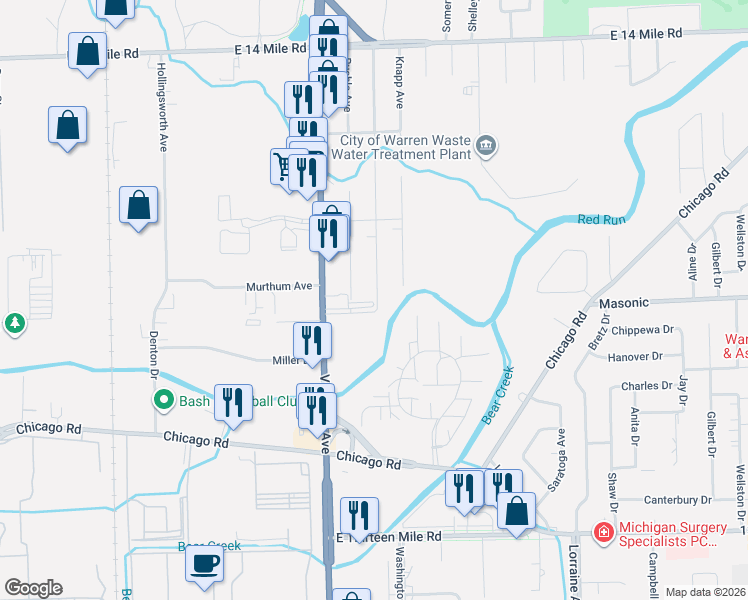 map of restaurants, bars, coffee shops, grocery stores, and more near 32048 Linderman Avenue in Warren