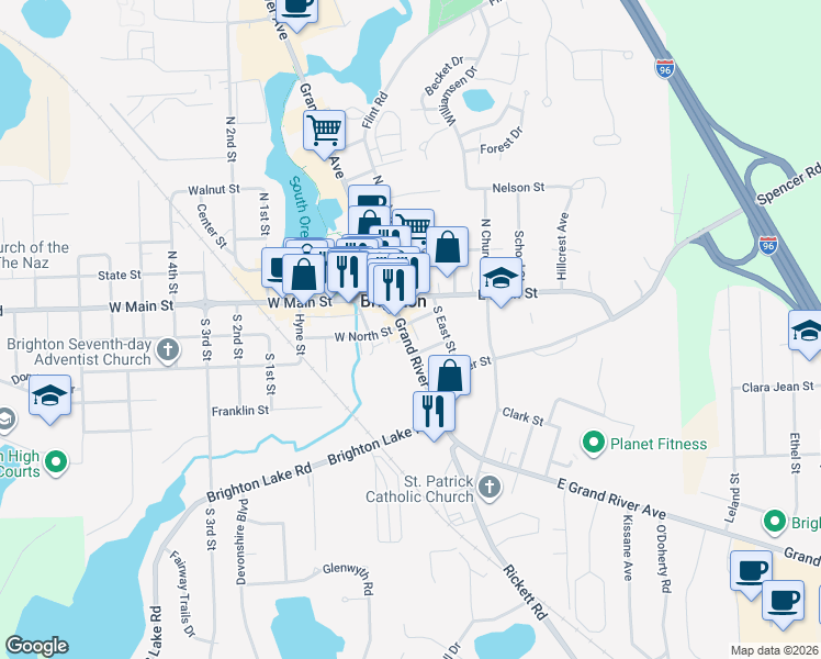 map of restaurants, bars, coffee shops, grocery stores, and more near 225 East Grand River Road in Brighton