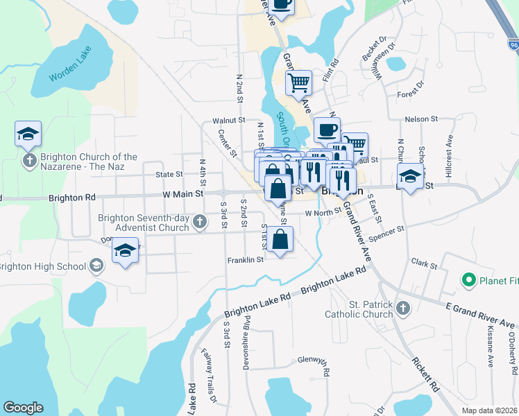 map of restaurants, bars, coffee shops, grocery stores, and more near 600 Madison Street in Brighton