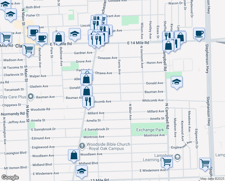 map of restaurants, bars, coffee shops, grocery stores, and more near 1021 Whitcomb Avenue in Royal Oak