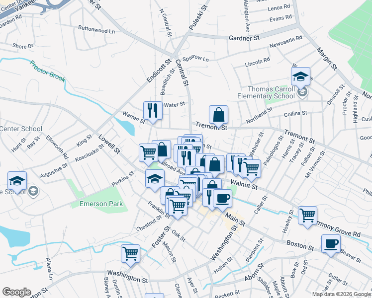 map of restaurants, bars, coffee shops, grocery stores, and more near 22 Central Street in Peabody