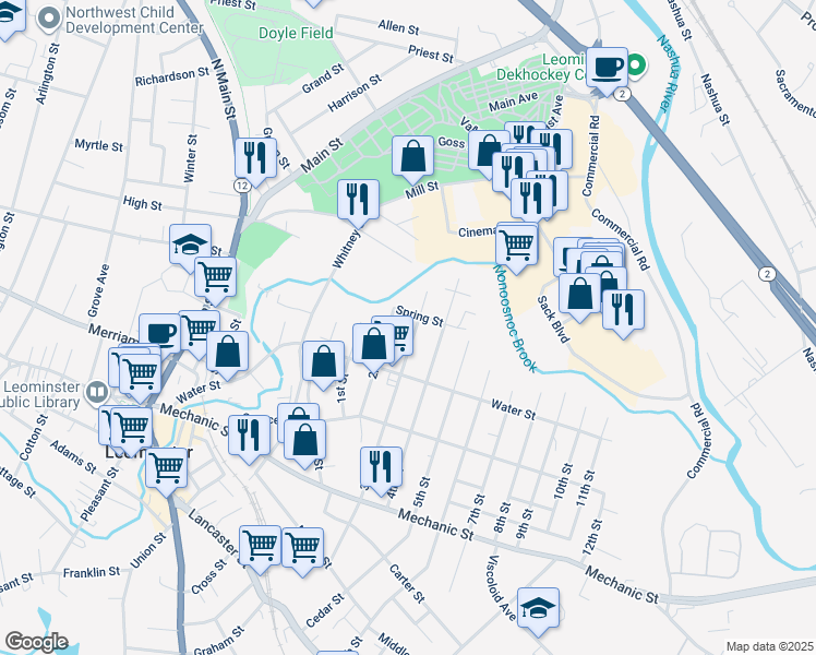 map of restaurants, bars, coffee shops, grocery stores, and more near 48 3rd Street in Leominster