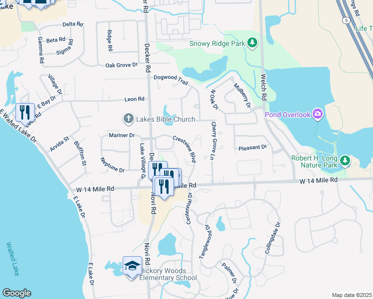 map of restaurants, bars, coffee shops, grocery stores, and more near 1890 Woodside Circle in Commerce Charter Township