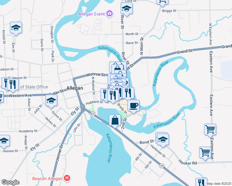 map of restaurants, bars, coffee shops, grocery stores, and more near 109 Locust Street in Allegan