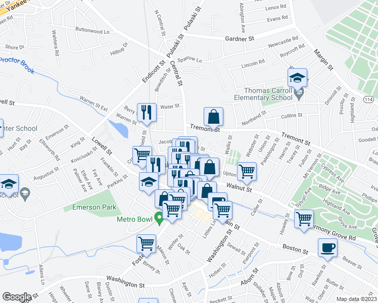 map of restaurants, bars, coffee shops, grocery stores, and more near 39 Central Street in Peabody