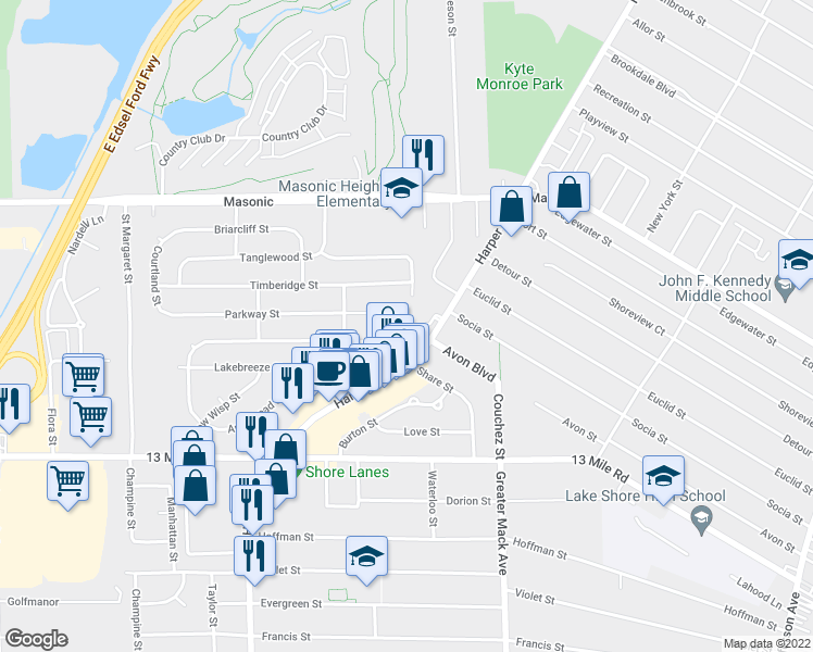 map of restaurants, bars, coffee shops, grocery stores, and more near 107 Sunset Ln in St Clair Shores