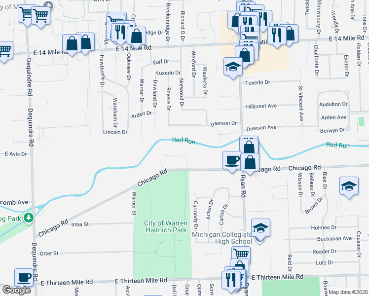 map of restaurants, bars, coffee shops, grocery stores, and more near 3090 Bryson's Cove Drive in Warren