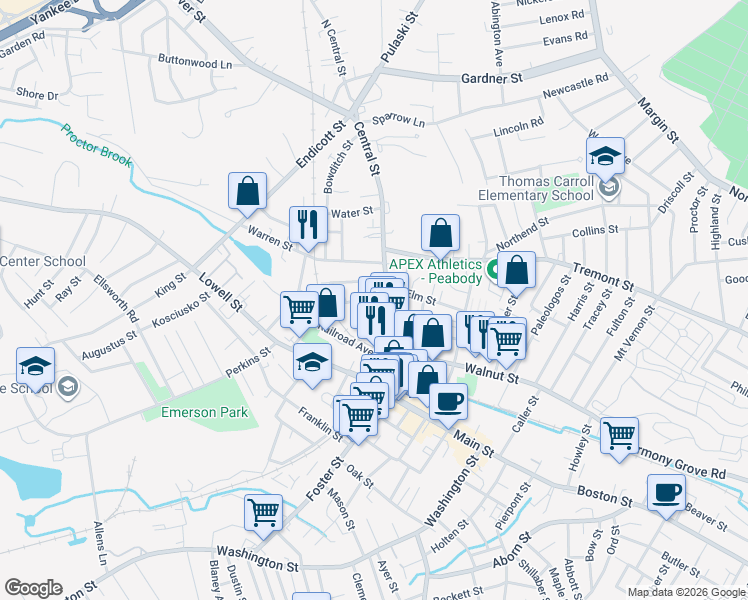 map of restaurants, bars, coffee shops, grocery stores, and more near 1 Jacobs Street in Peabody