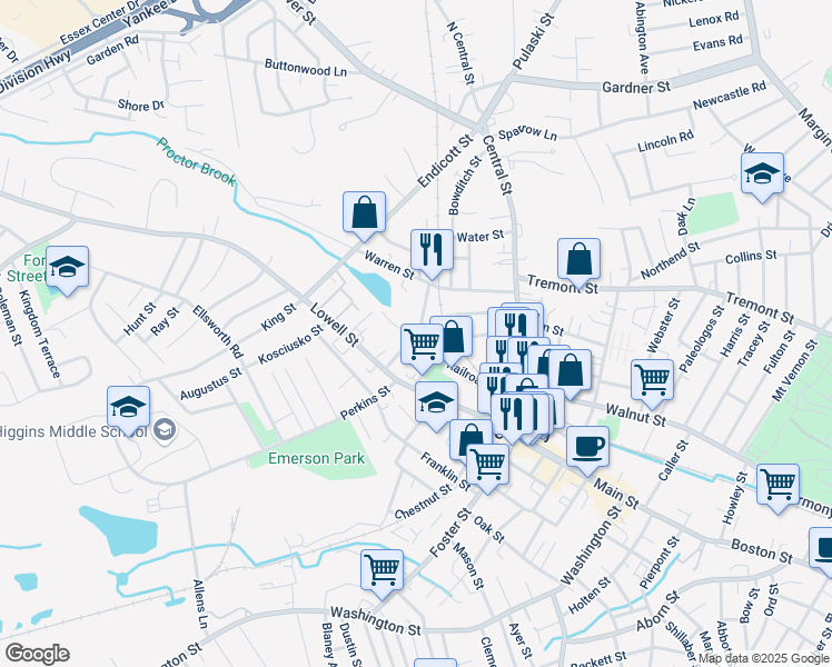 map of restaurants, bars, coffee shops, grocery stores, and more near 25 Crowninshield Street in Peabody