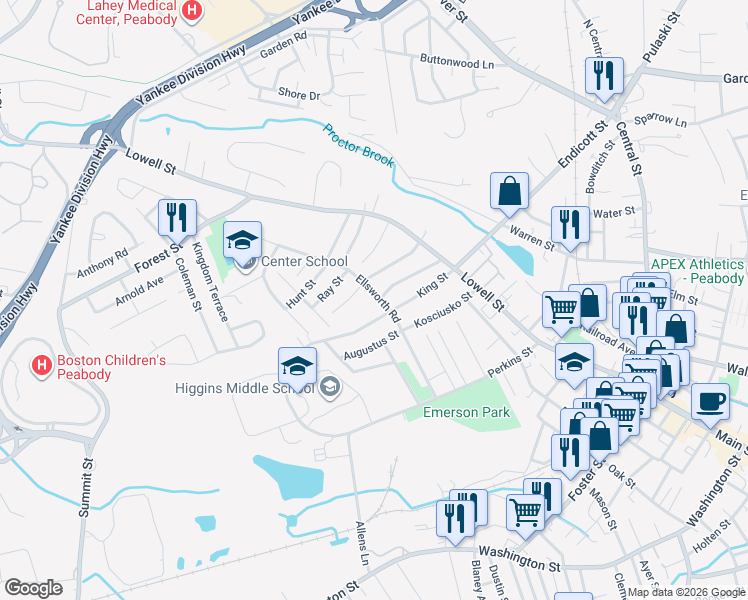 map of restaurants, bars, coffee shops, grocery stores, and more near 27 Emerson Street in Peabody