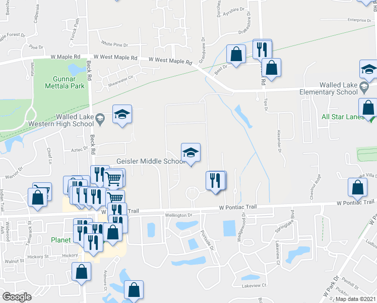 map of restaurants, bars, coffee shops, grocery stores, and more near 46720 West Pontiac Trail in Walled Lake