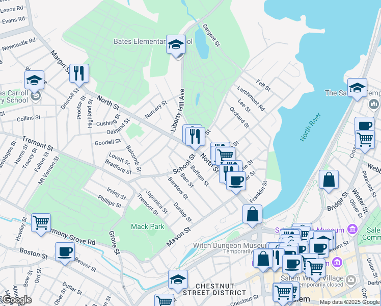 map of restaurants, bars, coffee shops, grocery stores, and more near 164 North Street in Salem