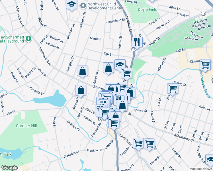map of restaurants, bars, coffee shops, grocery stores, and more near 73 Church Street in Leominster